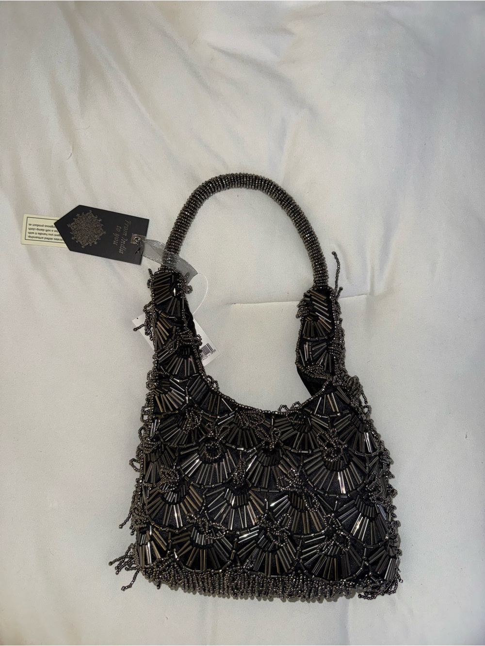 Black and Silver Tassel Beaded Shoulder Bag Handmade in India New with Tags
